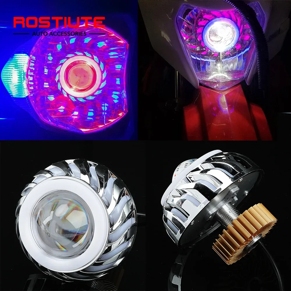 Universal Motorcycle Led Headlight Projector - ハイ/ロービーム ダブルエンジェルアイズ オートバイヘッドライト 追加モトスポットライト バイクデビルアイズ LED