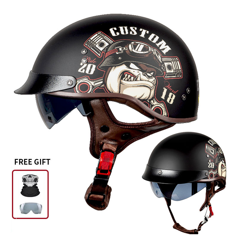 カスタムブルドッグエンジンピストンプリント入りのヴィンテージ - Vintage Open Face Retro Helmet のレビューと価格